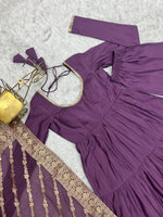 Thumbnail for Evanik Mauve Pure Roman Silk Chanderi With Fully Flair Anarkali Pant With Dupatta