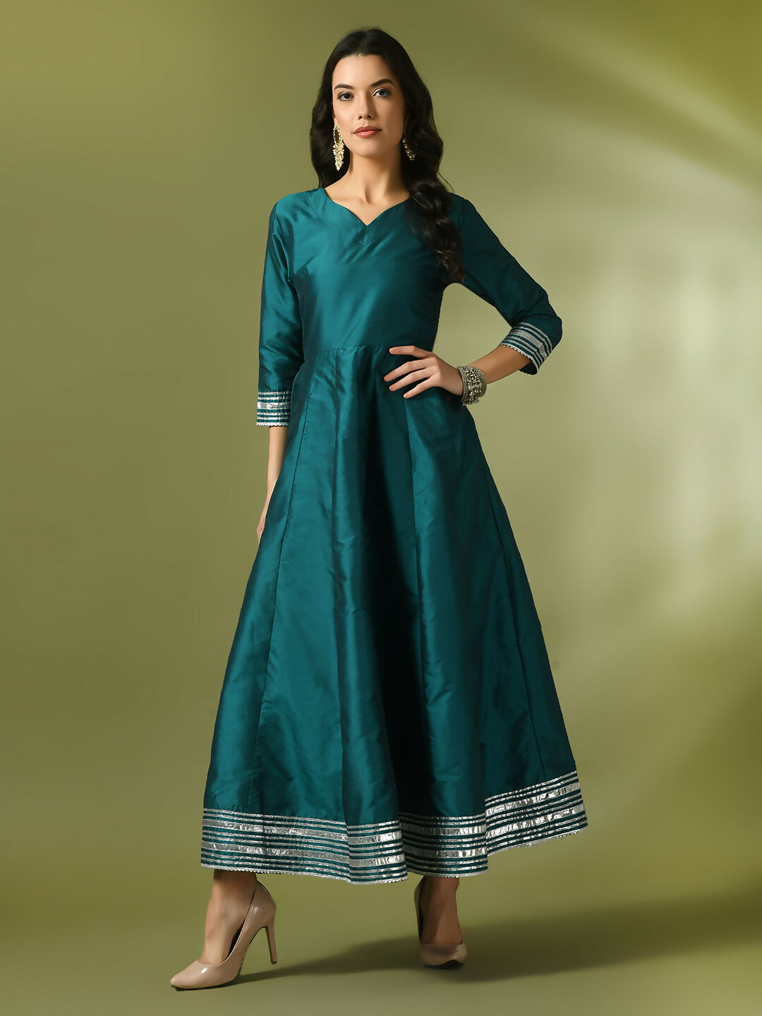 Myshka Women's Teal Solid Silk Anarkali Party Kurta - Distacart