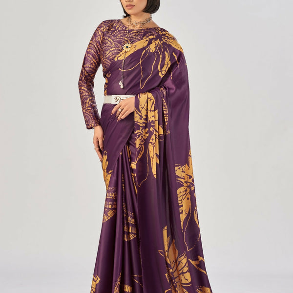 Vastranavya Wine Satin Silk Elegant Printed Saree with Unstitched Blouse - Distacart
