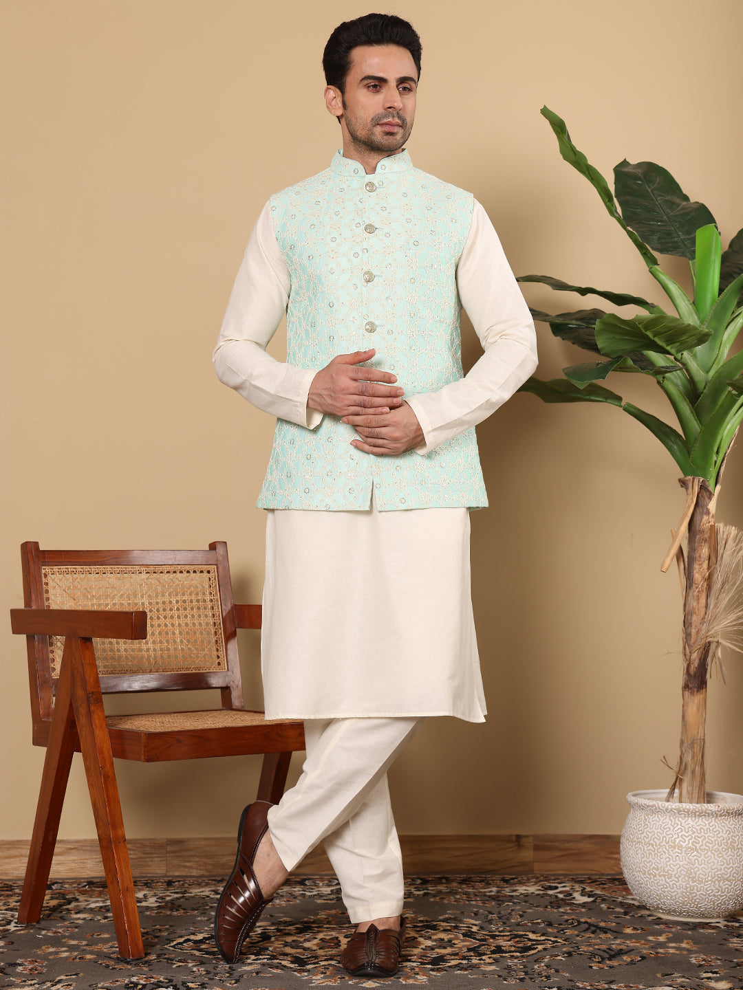 MULTI SHADES Men's Woven Design See Green Embroidered Nehru Jacket - Dista
