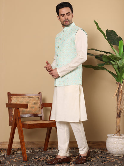 MULTI SHADES Men's Woven Design See Green Embroidered Nehru Jacket - Dista