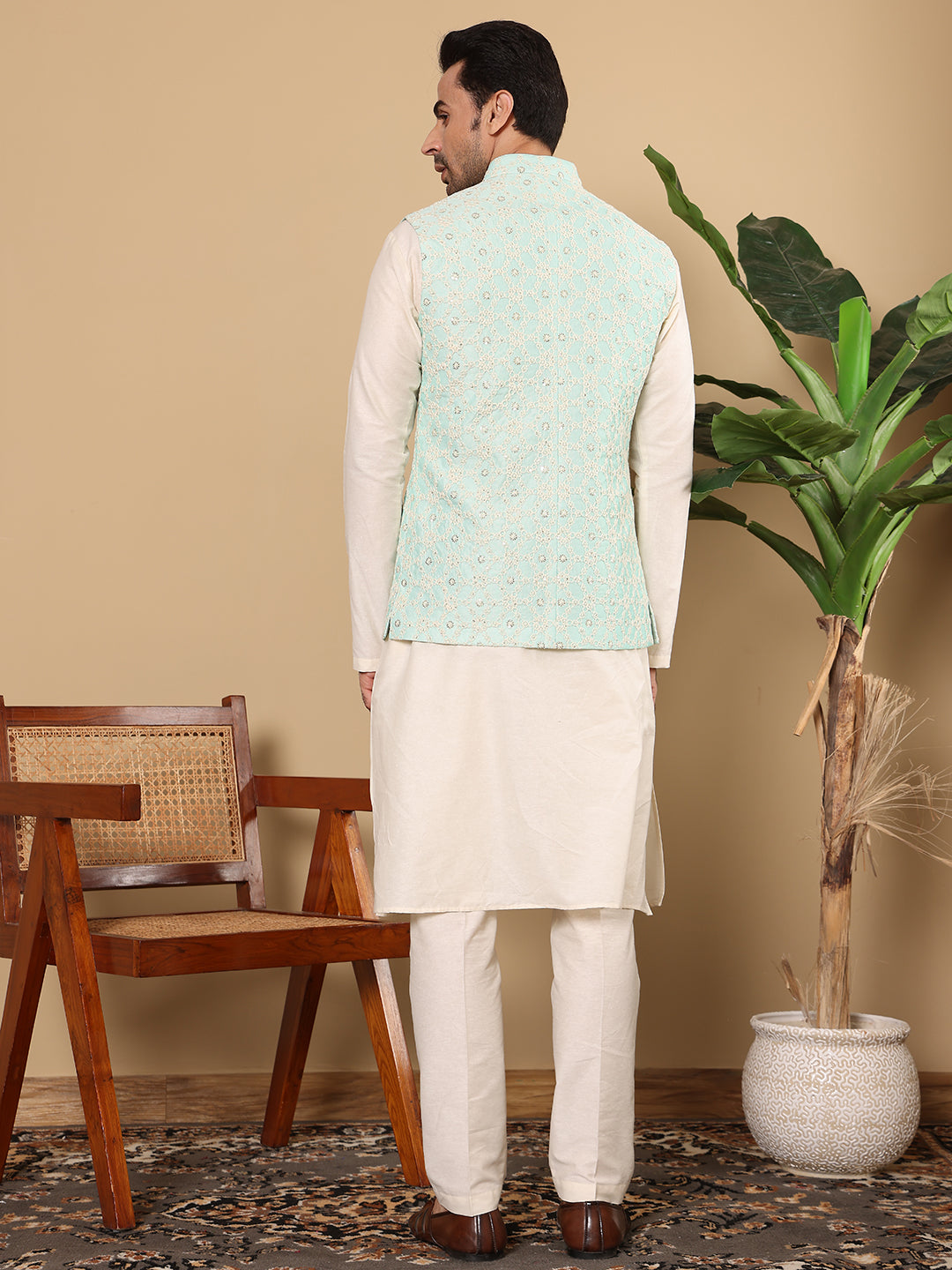 MULTI SHADES Men's Woven Design See Green Embroidered Nehru Jacket - Dista