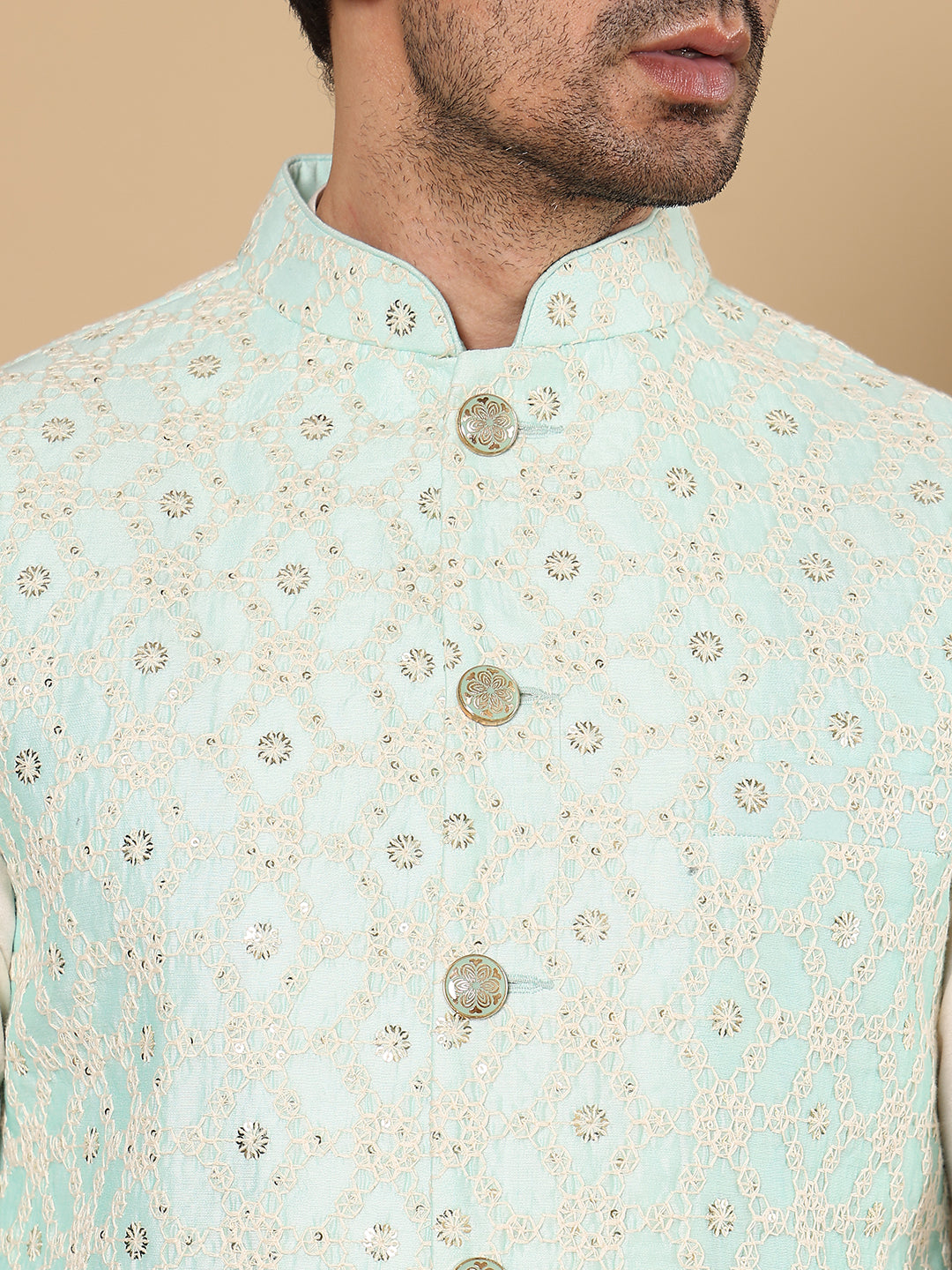 MULTI SHADES Men's Woven Design See Green Embroidered Nehru Jacket - Dista