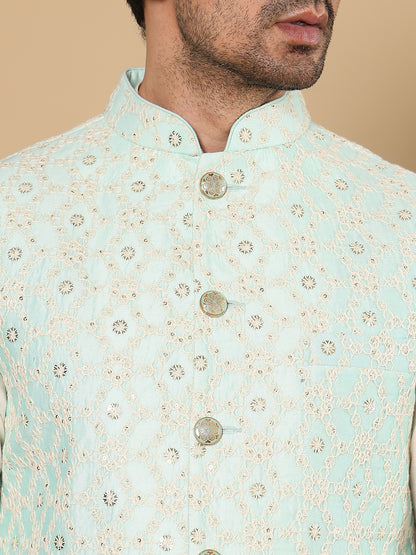 MULTI SHADES Men's Woven Design See Green Embroidered Nehru Jacket - Dista