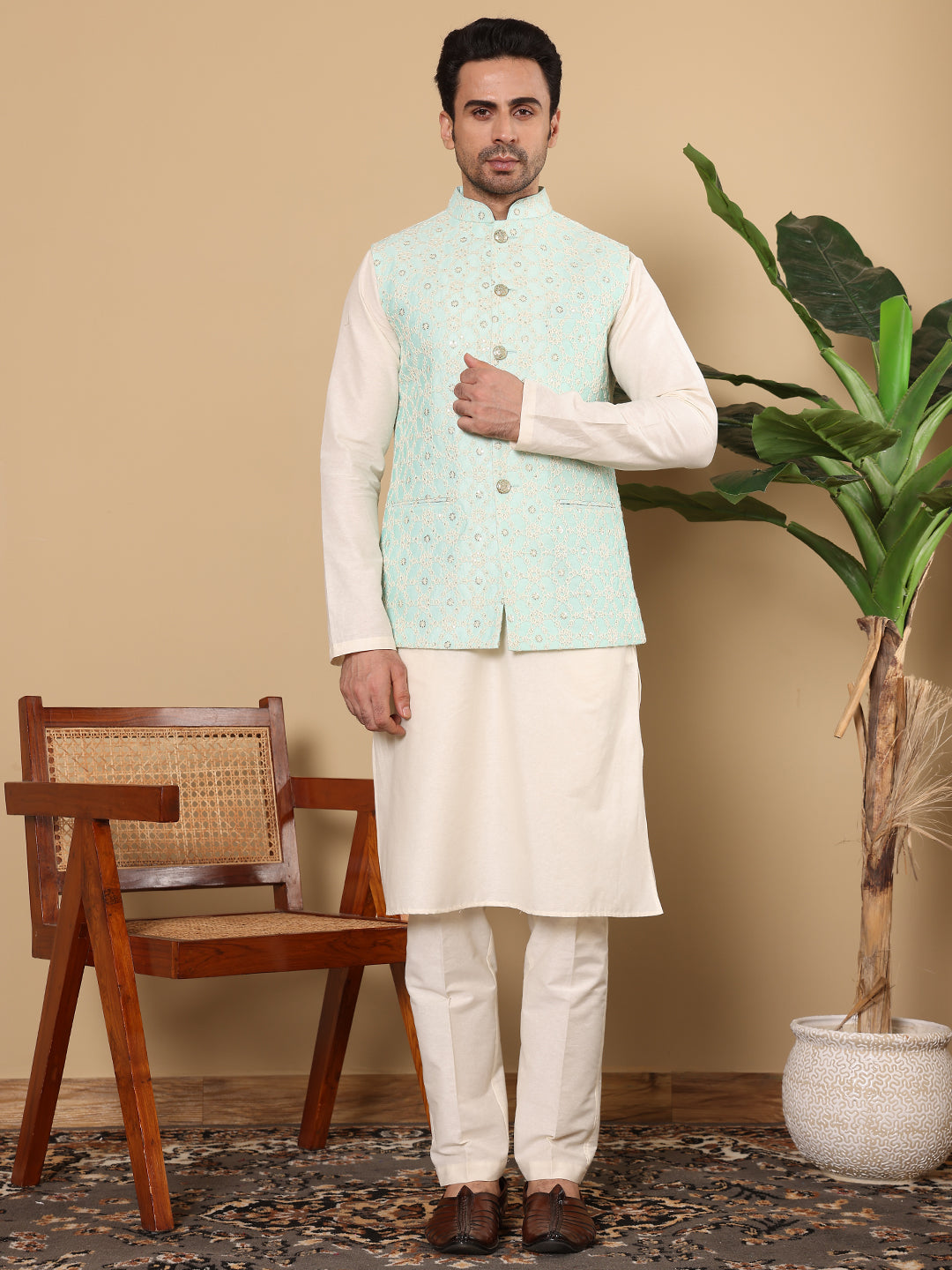 MULTI SHADES Men's Woven Design See Green Embroidered Nehru Jacket - Dista