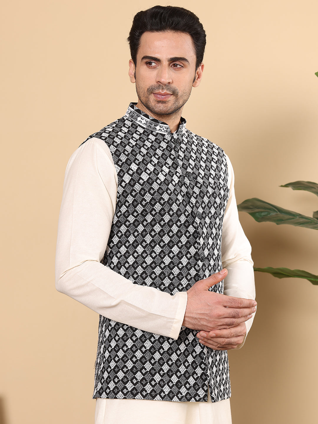 MULTI SHADES Men's Woven Design Black And White Embroidered Nehru Jacket - Dista