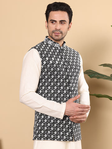 MULTI SHADES Men's Woven Design Black And White Embroidered Nehru Jacket - Dista