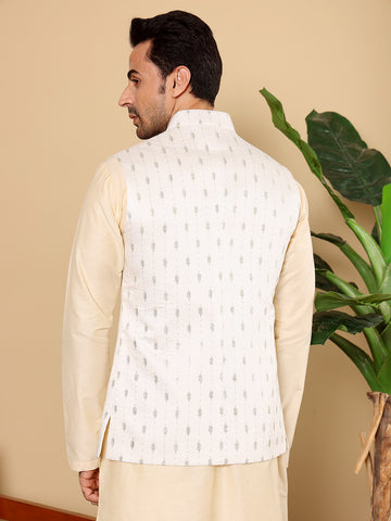 MULTI SHADES Men's Woven Design White Embroidered Nehru Jacket - Dista