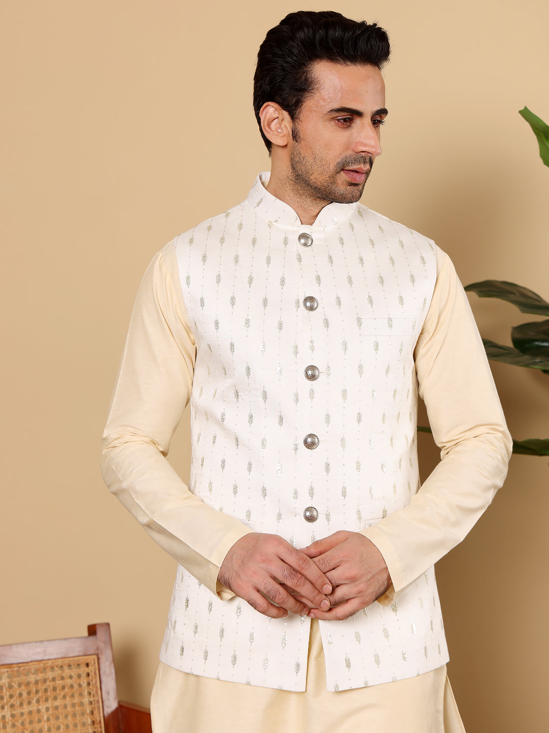 MULTI SHADES Men's Woven Design White Embroidered Nehru Jacket - Dista
