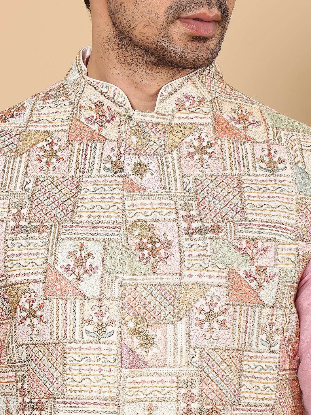 MULTI SHADES Men's Woven Design Multi Colour Embroidered Nehru Jacket - Dista