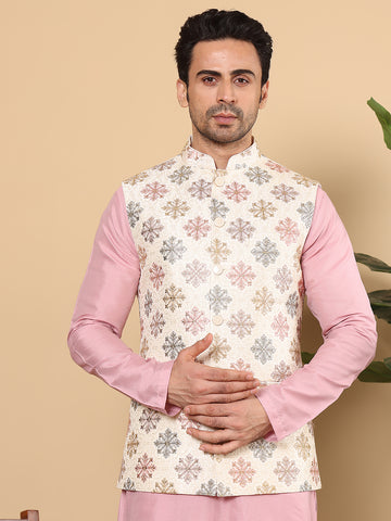 MULTI SHADES Men's Woven Design White Embroidered Nehru Jacket - Dista