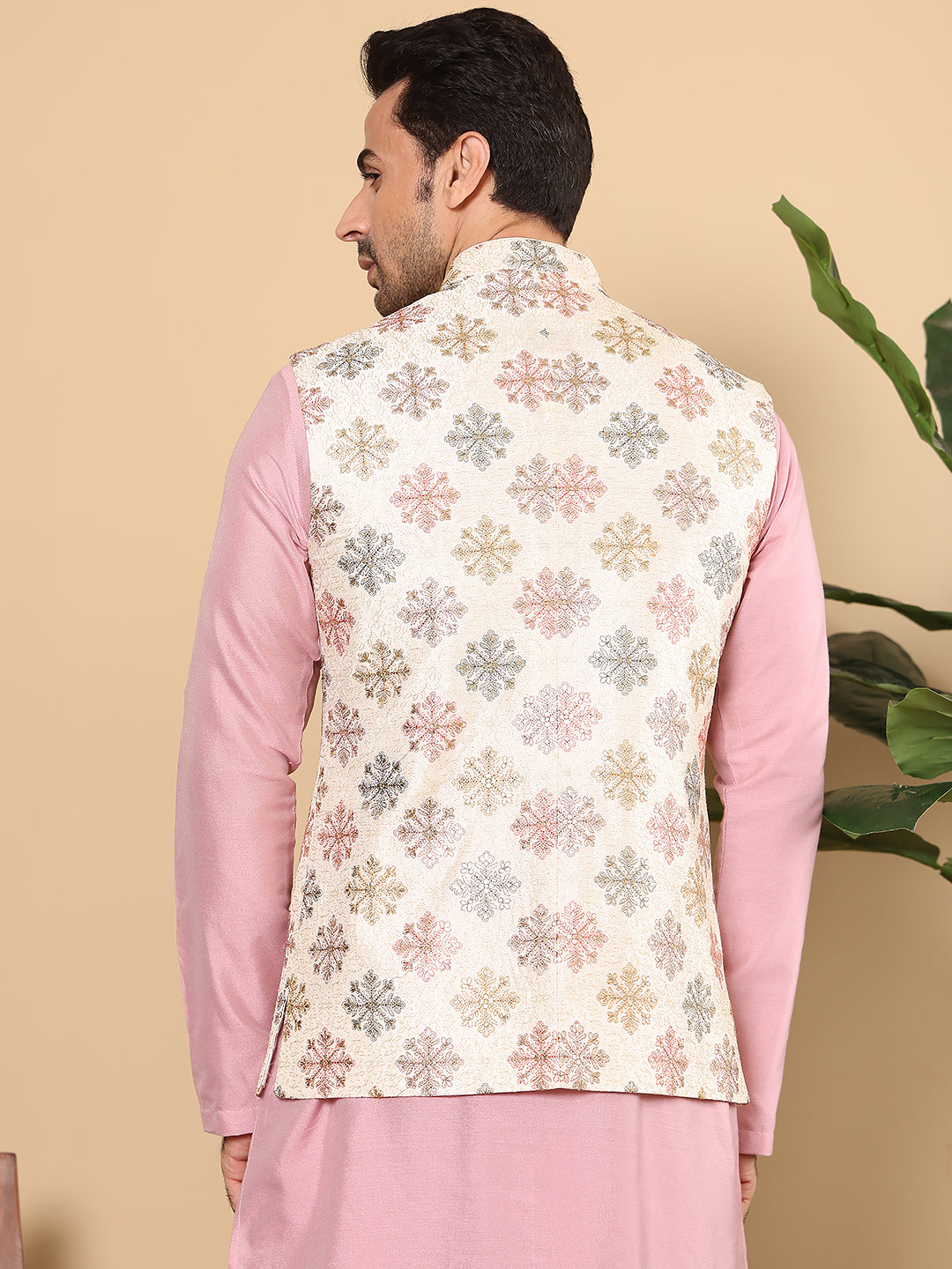 MULTI SHADES Men's Woven Design White Embroidered Nehru Jacket - Dista