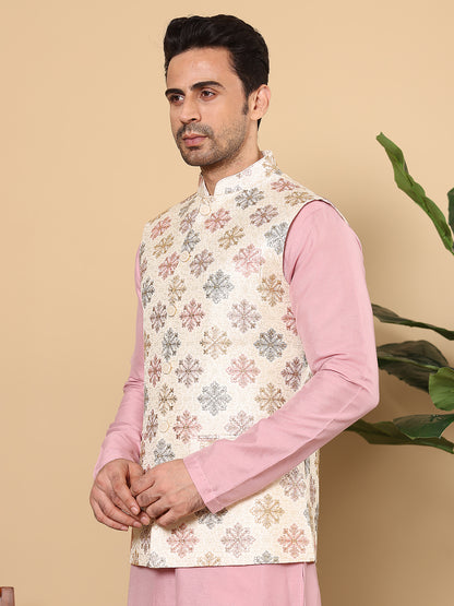 MULTI SHADES Men's Woven Design White Embroidered Nehru Jacket - Dista
