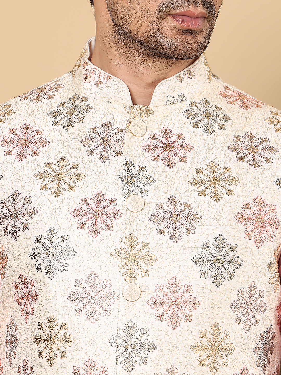MULTI SHADES Men's Woven Design White Embroidered Nehru Jacket - Dista