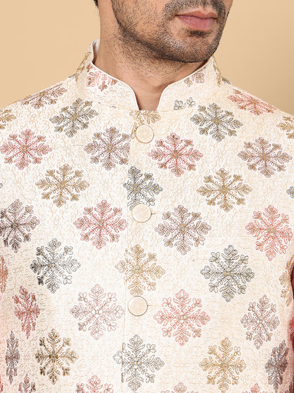 MULTI SHADES Men's Woven Design White Embroidered Nehru Jacket - Dista