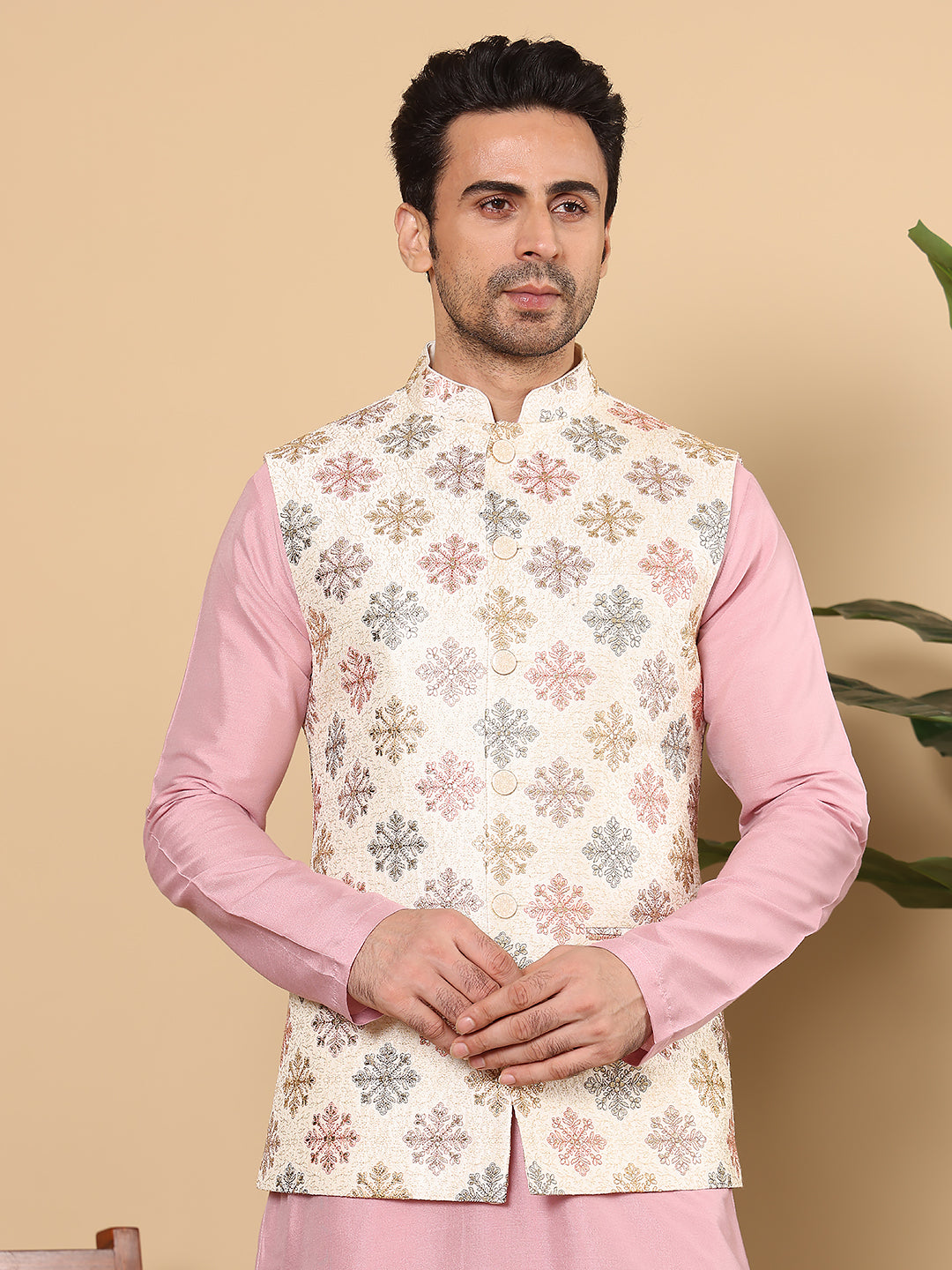 MULTI SHADES Men's Woven Design White Embroidered Nehru Jacket - Dista