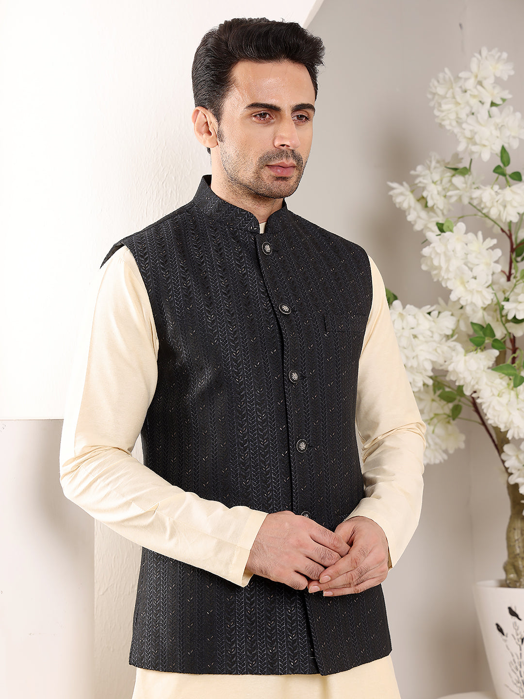 MULTI SHADES Men's Woven Design Black Embroidered Nehru Jacket - Dista