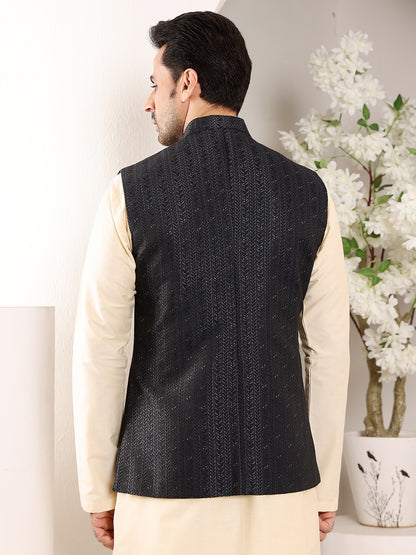 MULTI SHADES Men's Woven Design Black Embroidered Nehru Jacket - Dista