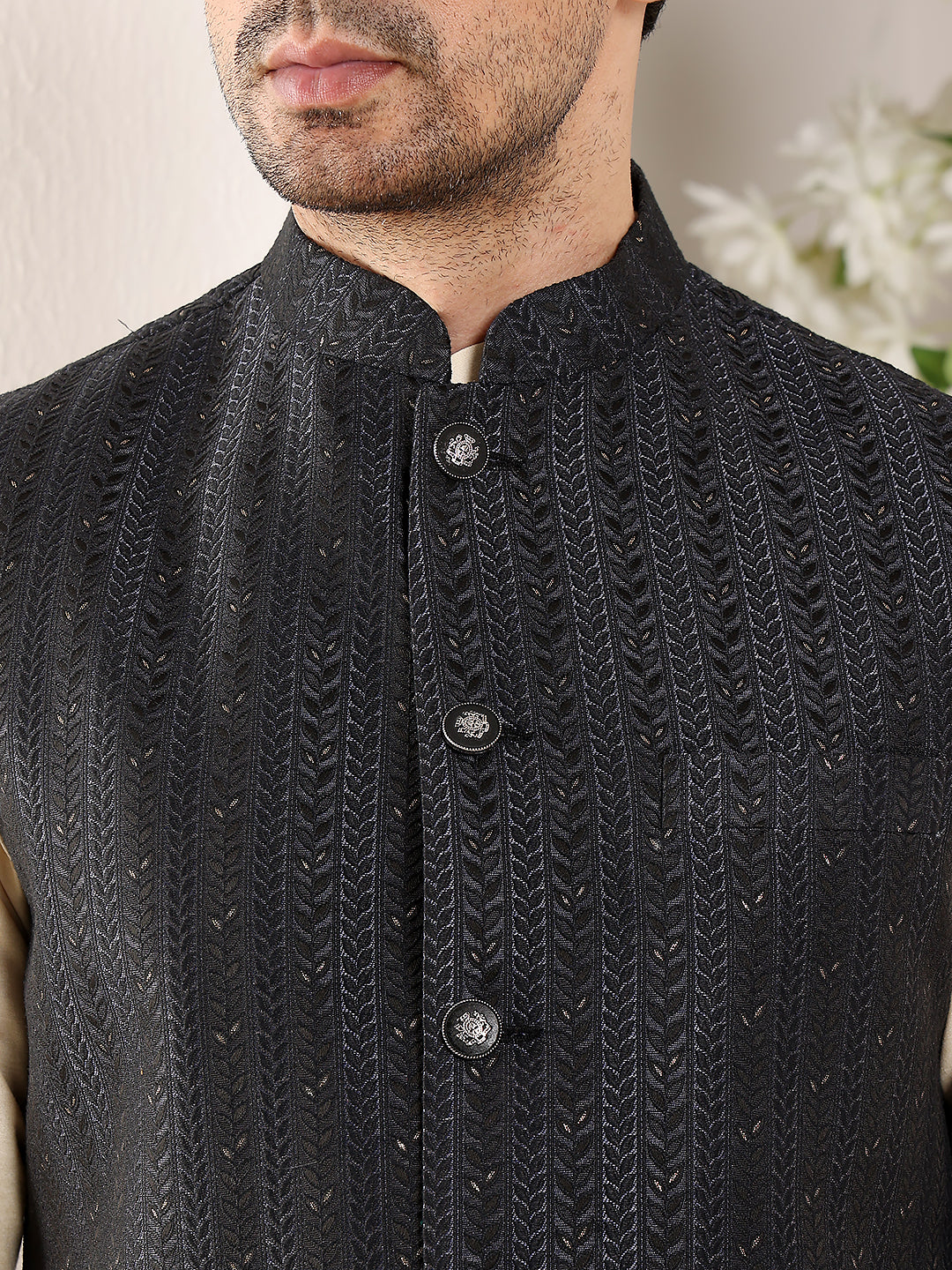 MULTI SHADES Men's Woven Design Black Embroidered Nehru Jacket - Dista