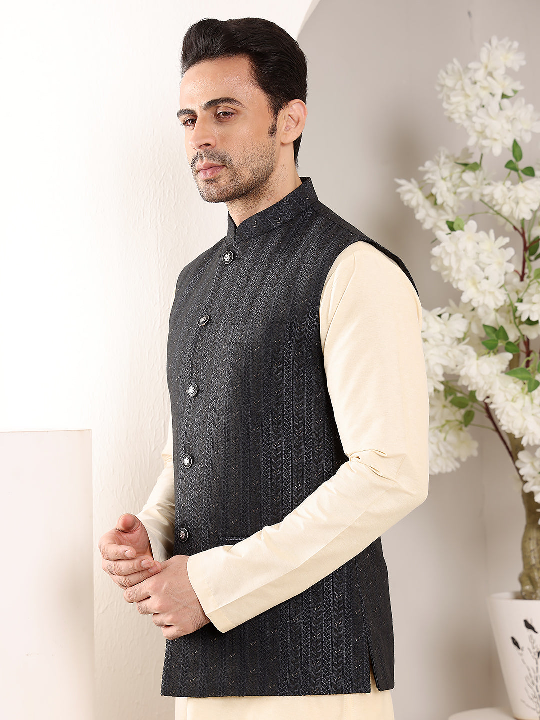MULTI SHADES Men's Woven Design Black Embroidered Nehru Jacket - Dista