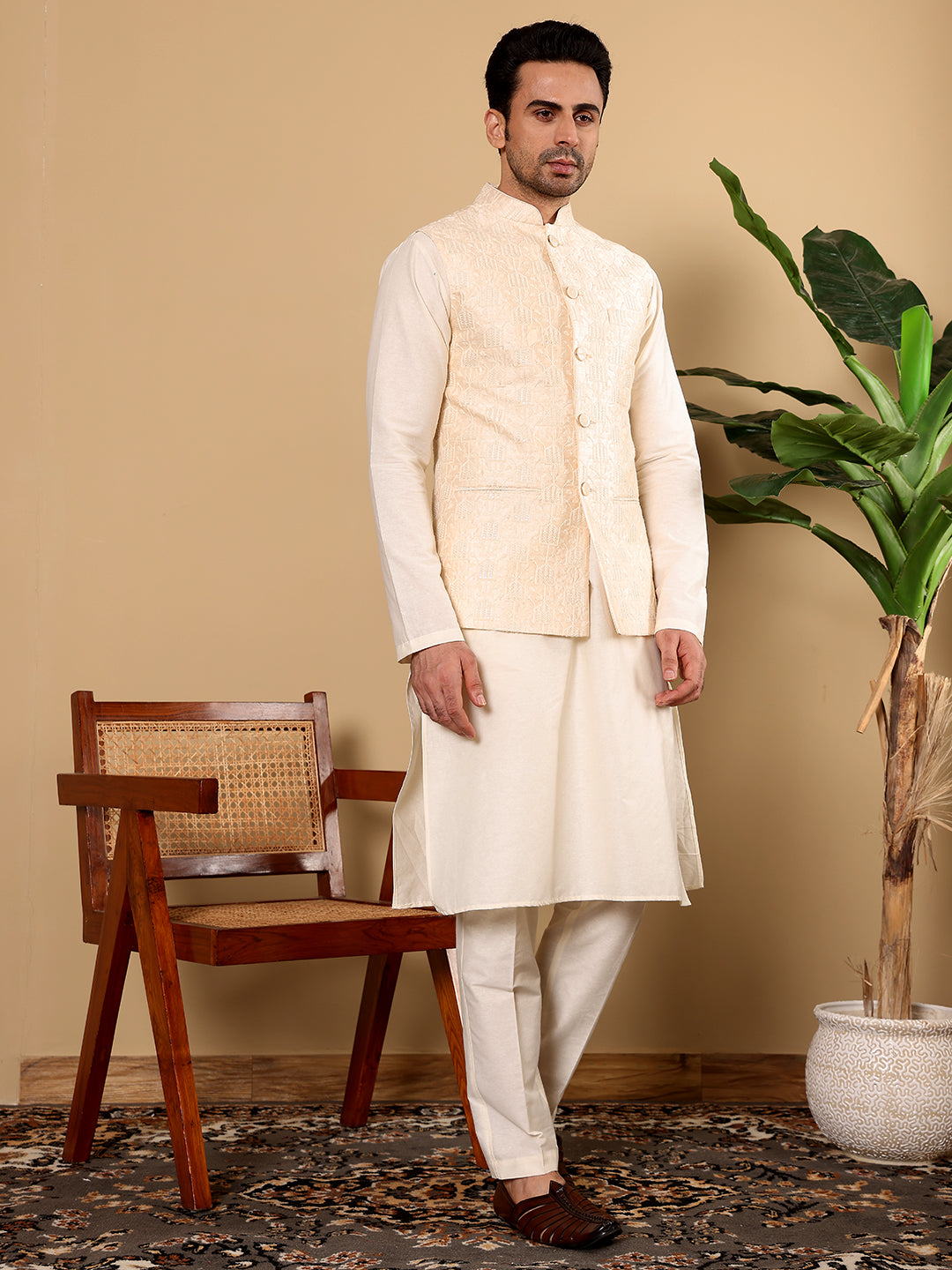MULTI SHADES Men's Woven Design Cream Embroidered Nehru Jacket - Dista