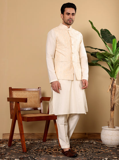 MULTI SHADES Men's Woven Design Cream Embroidered Nehru Jacket - Dista