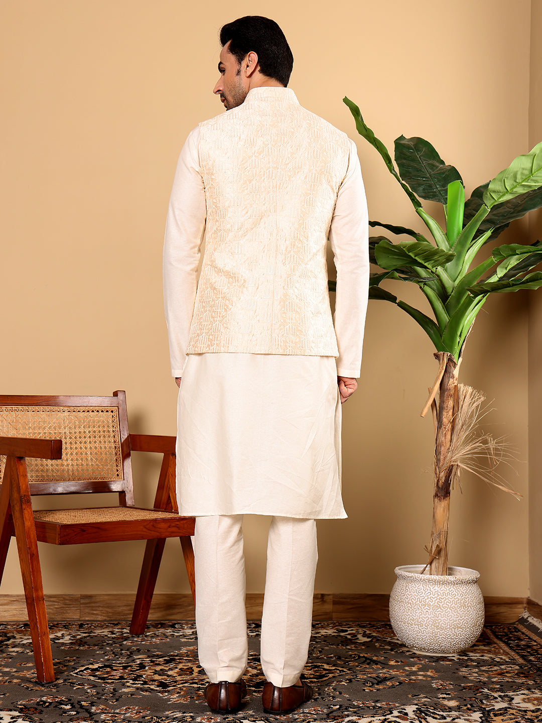 MULTI SHADES Men's Woven Design Cream Embroidered Nehru Jacket - Dista