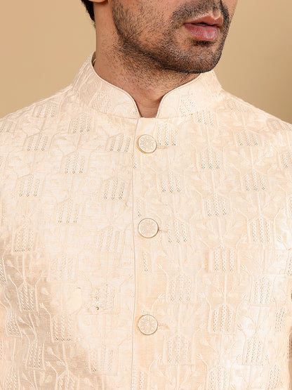 MULTI SHADES Men's Woven Design Cream Embroidered Nehru Jacket - Dista