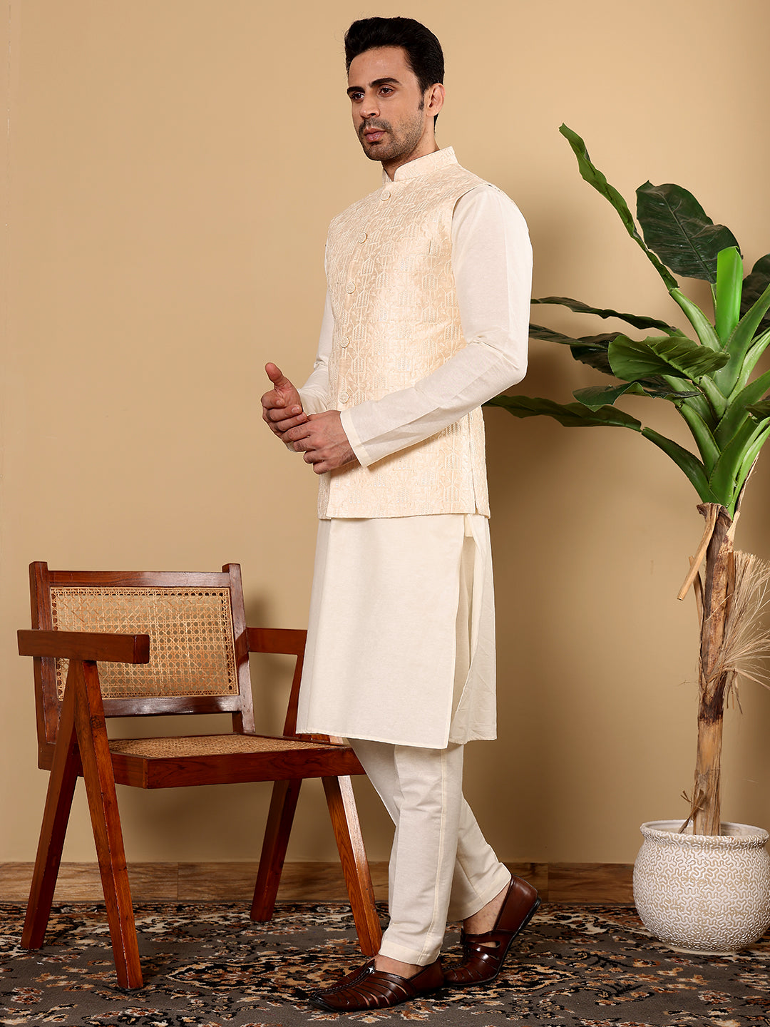 MULTI SHADES Men's Woven Design Cream Embroidered Nehru Jacket - Dista
