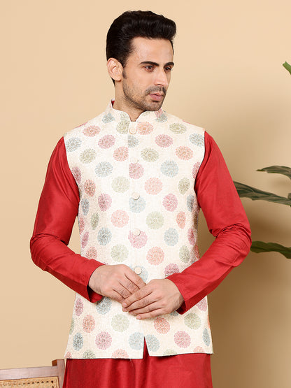 MULTI SHADES Men's Woven Design White Embroidered Nehru Jacket - Dista