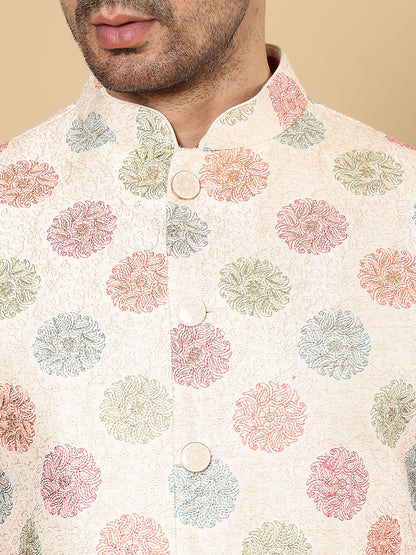 MULTI SHADES Men's Woven Design White Embroidered Nehru Jacket - Dista