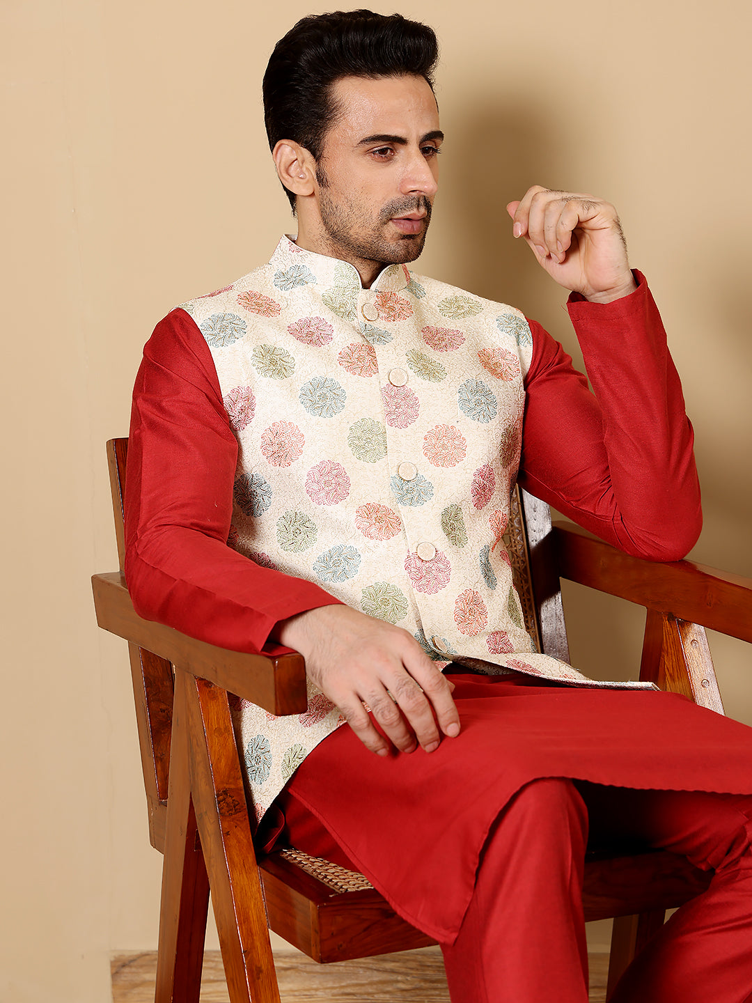 MULTI SHADES Men's Woven Design White Embroidered Nehru Jacket - Dista