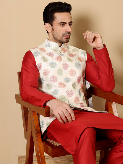 MULTI SHADES Men's Woven Design White Embroidered Nehru Jacket - Dista