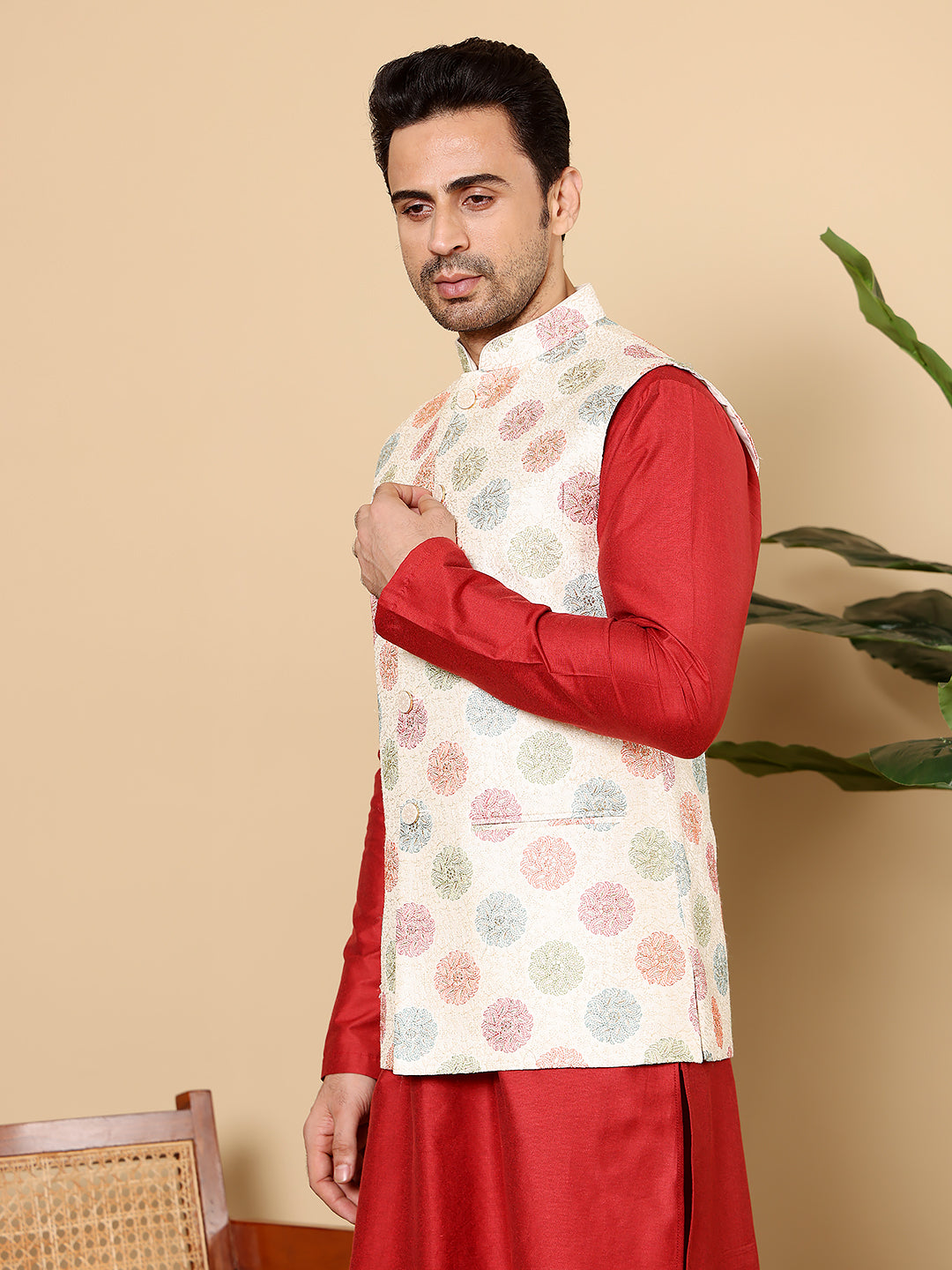 MULTI SHADES Men's Woven Design White Embroidered Nehru Jacket - Dista