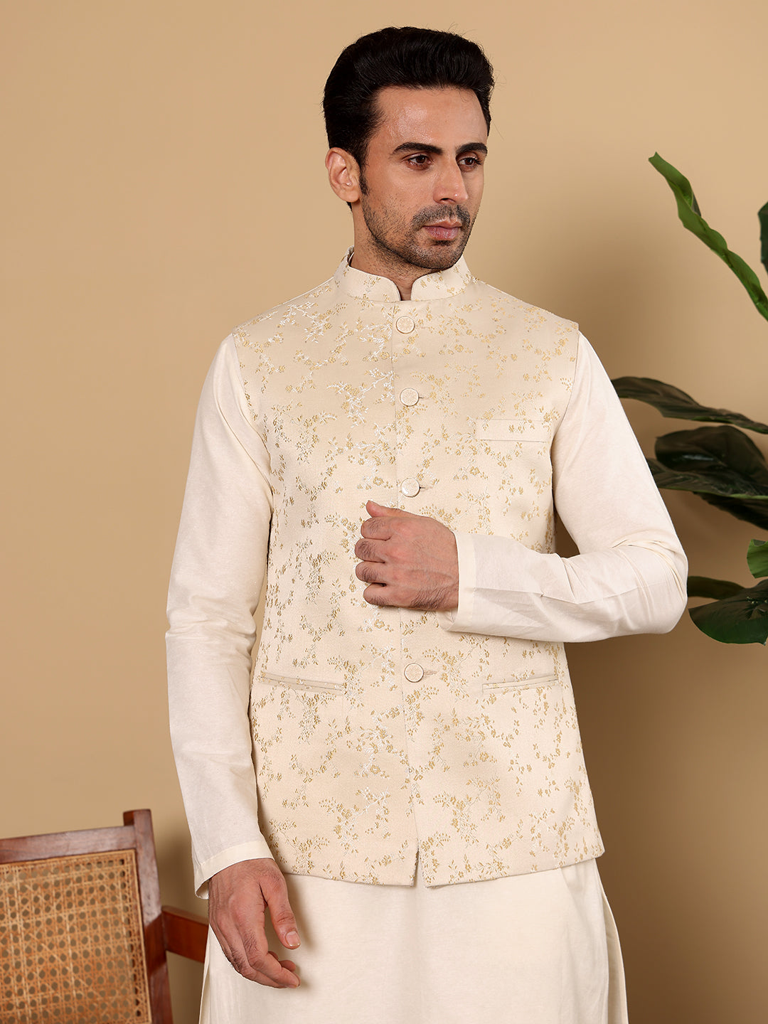 MULTI SHADES Men's Woven Design Cream Embroidered Nehru Jacket - Dista