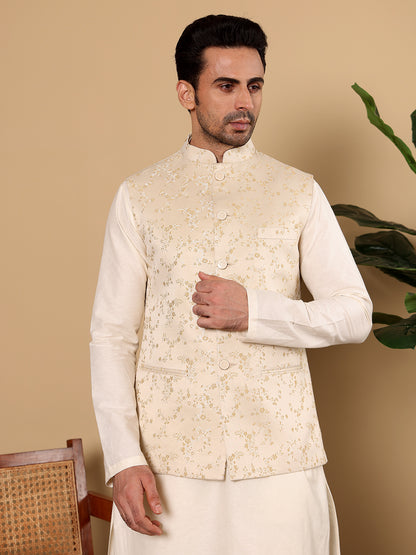 MULTI SHADES Men's Woven Design Cream Embroidered Nehru Jacket - Dista