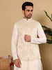 MULTI SHADES Men's Woven Design Cream Embroidered Nehru Jacket - Dista