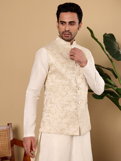 MULTI SHADES Men's Woven Design Cream Embroidered Nehru Jacket - Dista