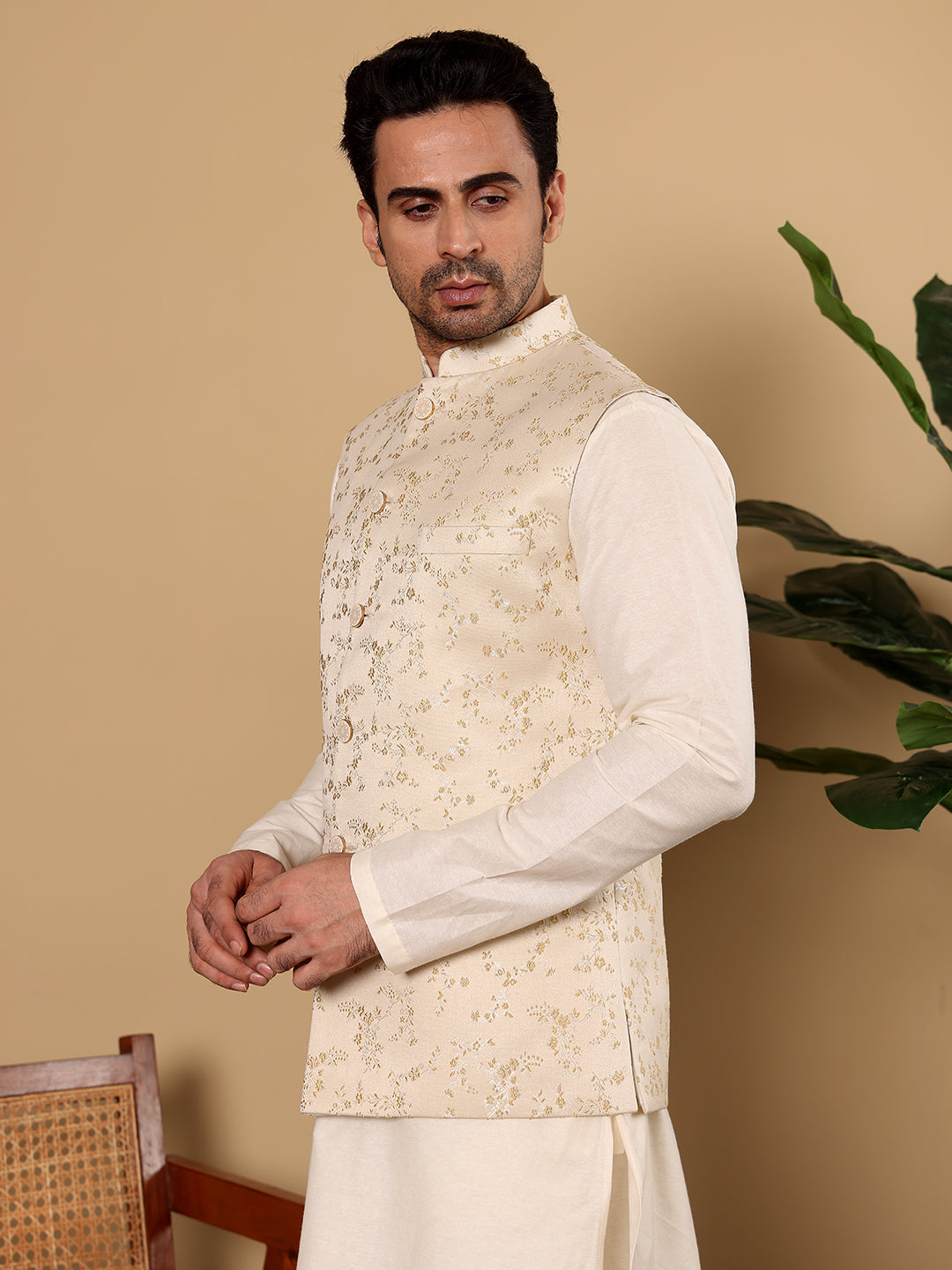 MULTI SHADES Men's Woven Design Cream Embroidered Nehru Jacket - Dista