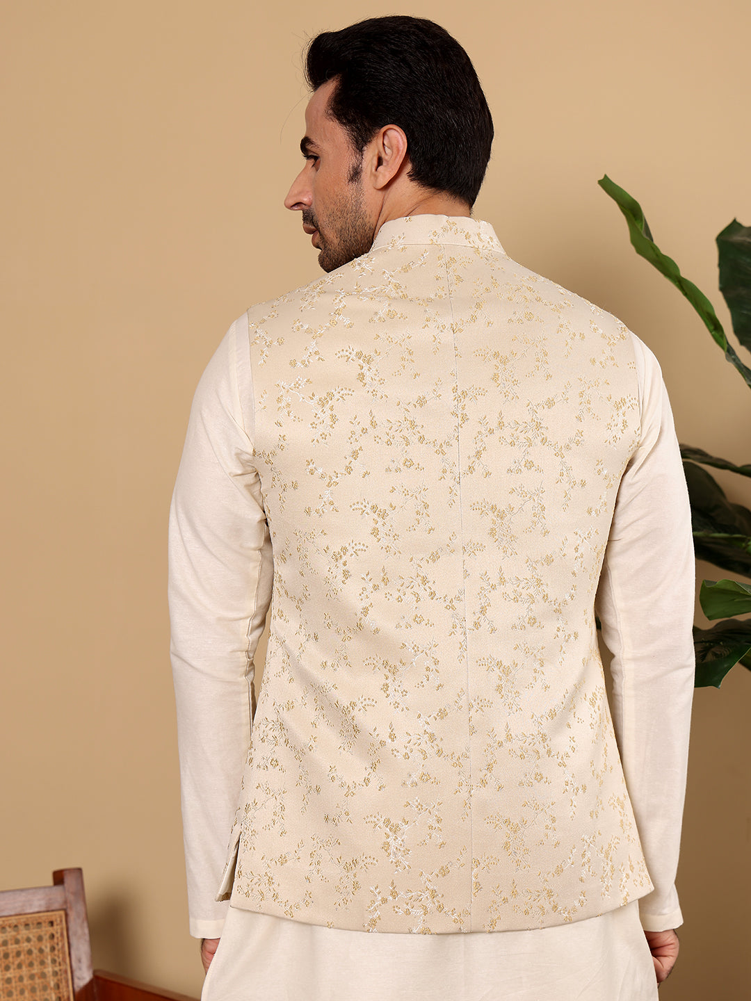 MULTI SHADES Men's Woven Design Cream Embroidered Nehru Jacket - Dista