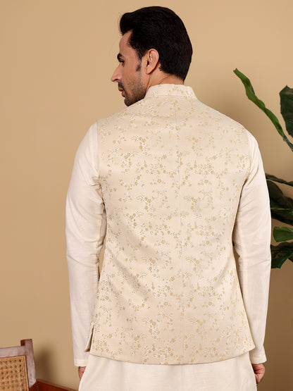 MULTI SHADES Men's Woven Design Cream Embroidered Nehru Jacket - Dista