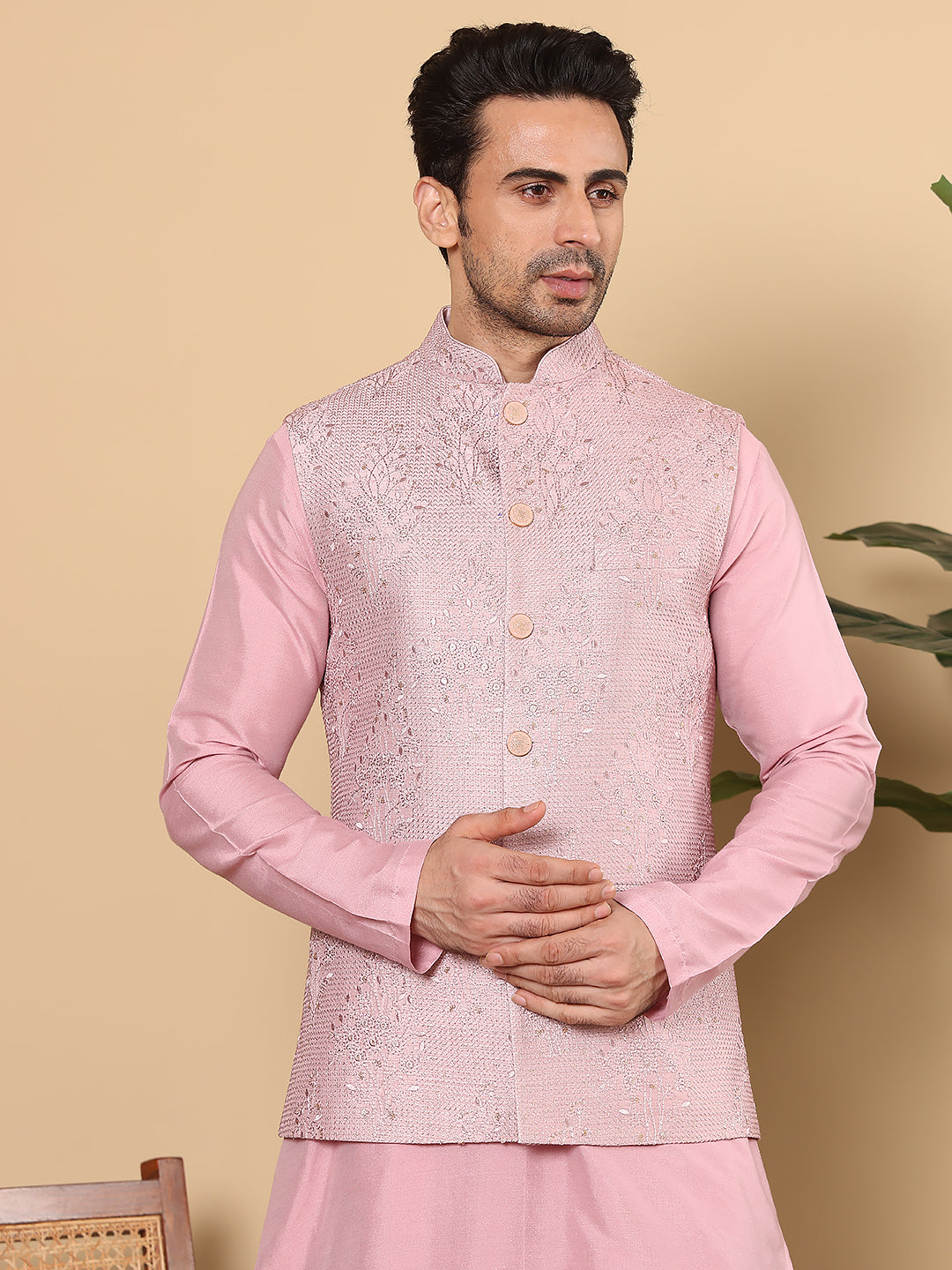 MULTI SHADES Men's Woven Design Pink Embroidered Nehru Jacket - Dista
