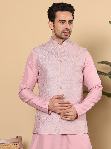 MULTI SHADES Men's Woven Design Pink Embroidered Nehru Jacket - Dista
