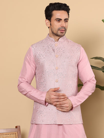 MULTI SHADES Men's Woven Design Pink Embroidered Nehru Jacket - Dista