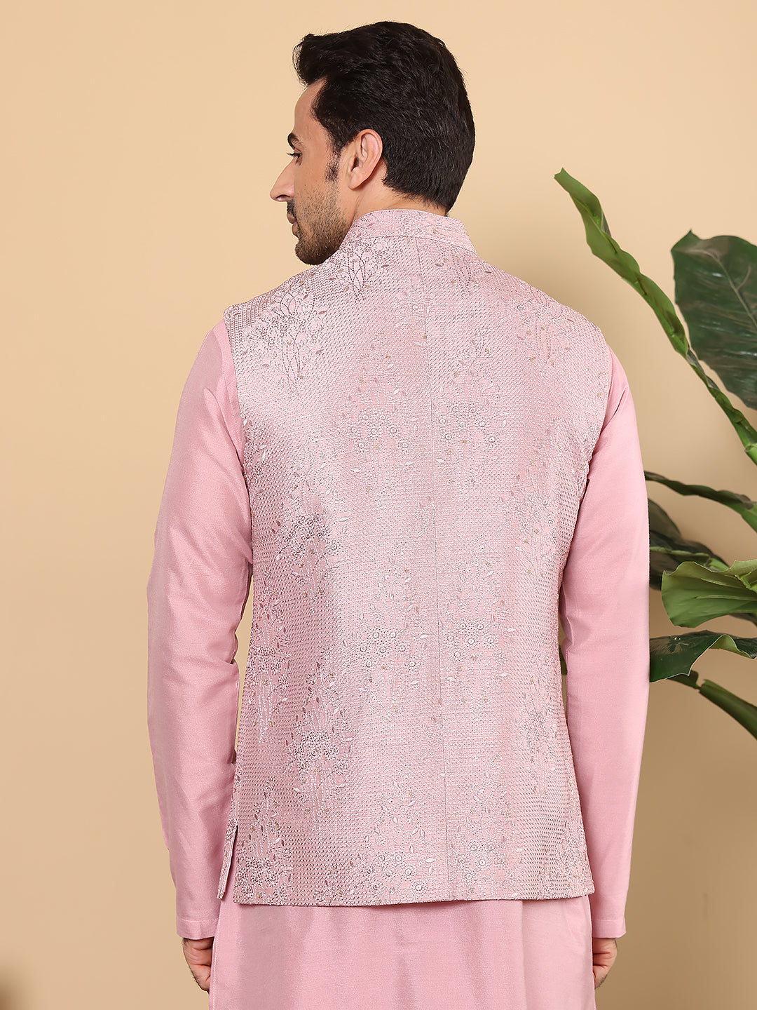 MULTI SHADES Men's Woven Design Pink Embroidered Nehru Jacket - Dista