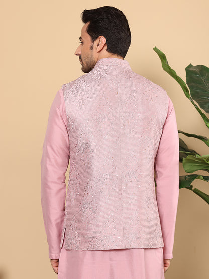 MULTI SHADES Men's Woven Design Pink Embroidered Nehru Jacket - Dista