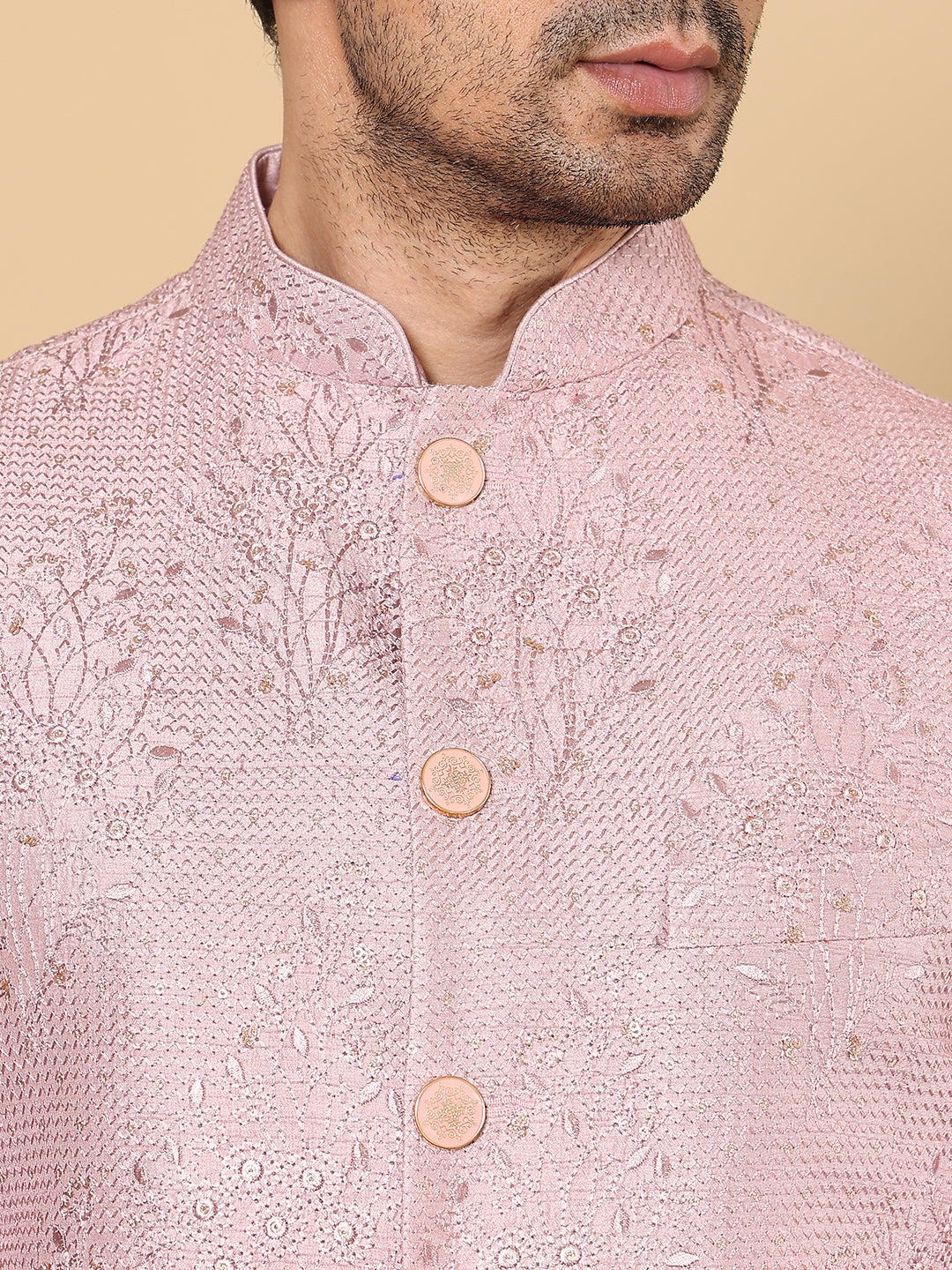 MULTI SHADES Men's Woven Design Pink Embroidered Nehru Jacket - Dista