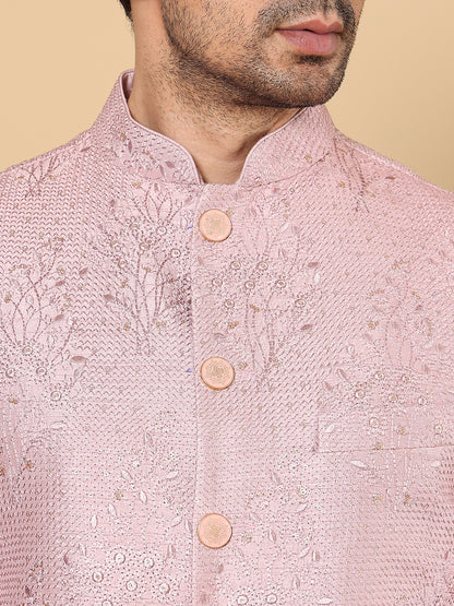 MULTI SHADES Men's Woven Design Pink Embroidered Nehru Jacket - Dista