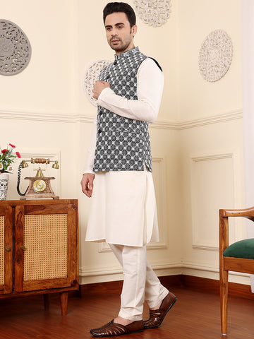 MULTI SHADES Men's Woven Design Black And White Embroidered Nehru Jacket - Dista