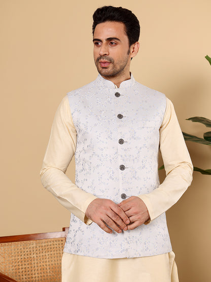 MULTI SHADES Men's Woven Design Light Blue Embroidered Nehru Jacket - Dista